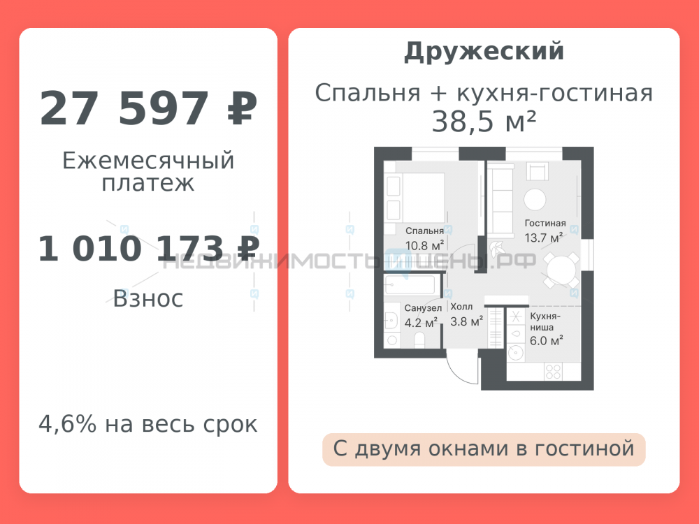 2 комн., 38.5м2, 14/14, Дружеский, Тюмень