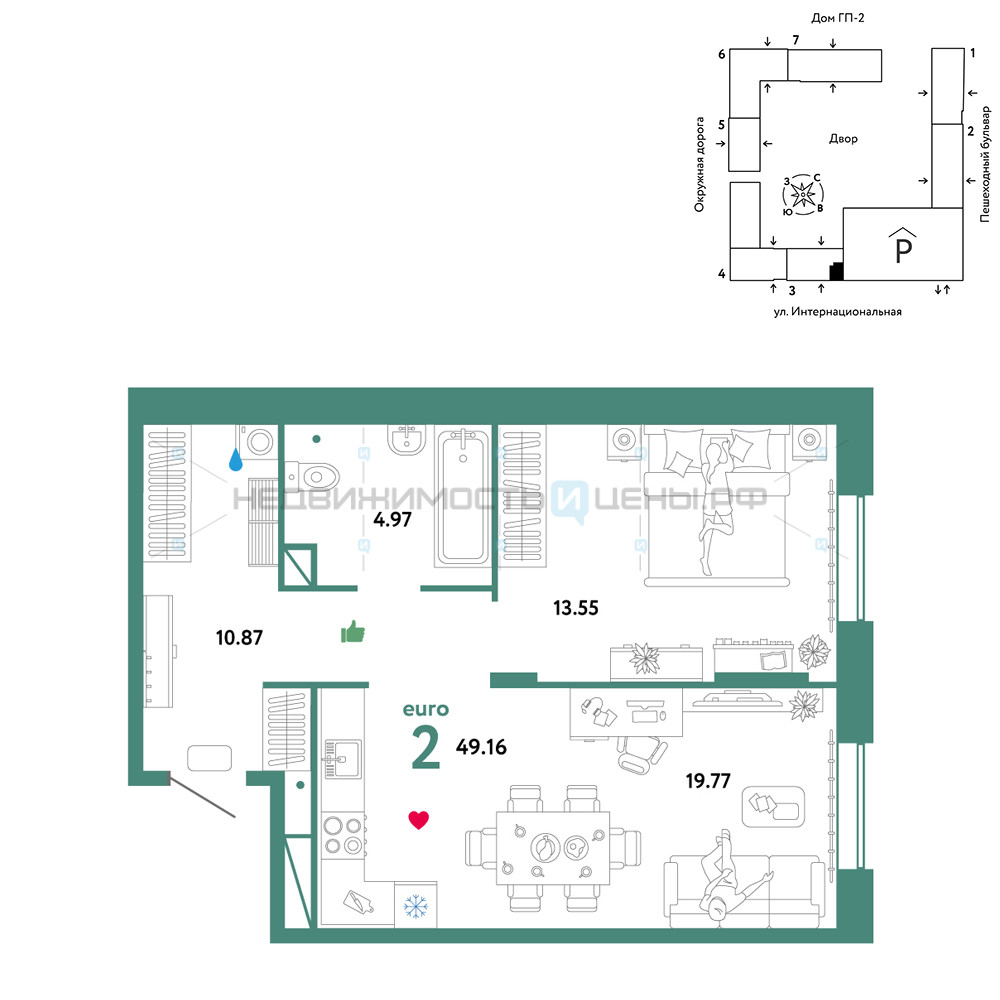 2 комн., 49.16м2, 3/16, Юнион, Тюмень