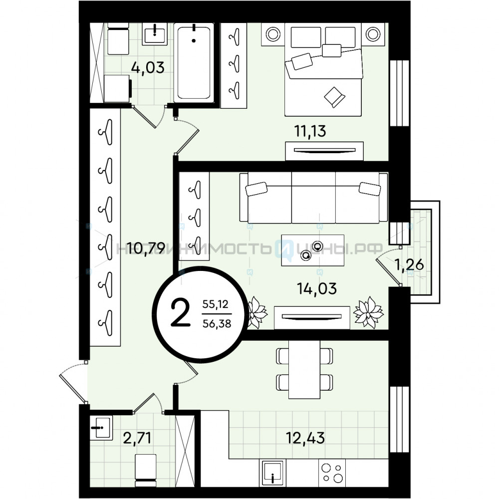 2 комн., 56.38м2, 2/4, Зеленые Аллеи, Тюмень