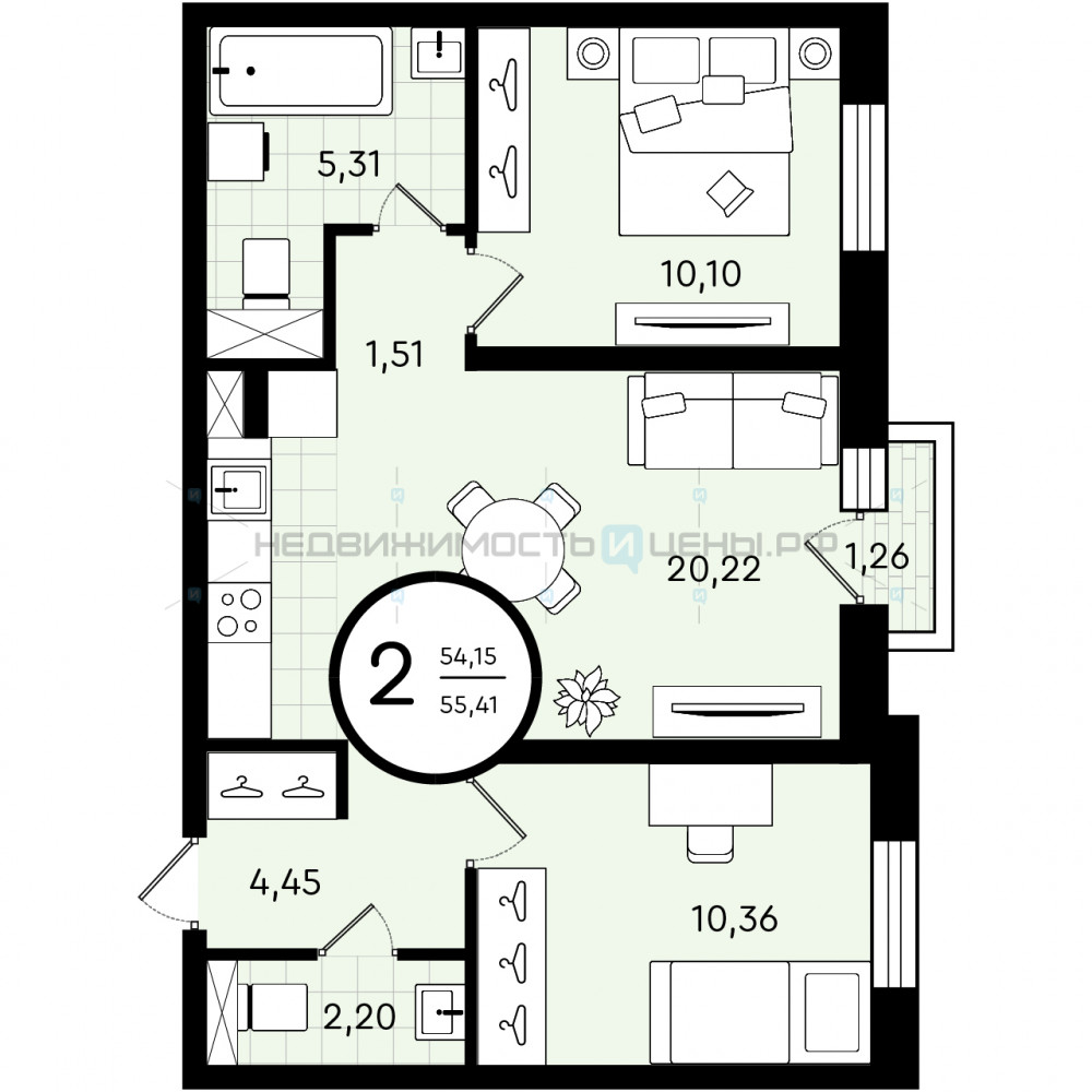 2 комн., 55.41м2, 4/4, Зеленые Аллеи, Тюмень