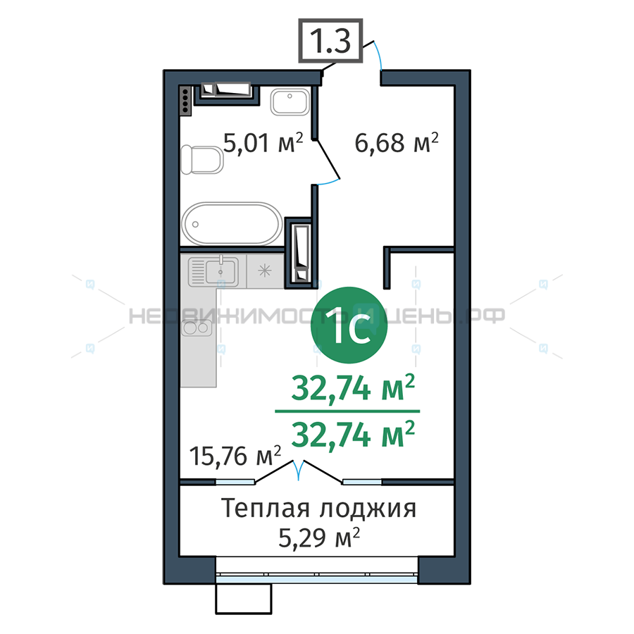 Студия, 32.74м2, 16/24, Док (DOK), Тюмень