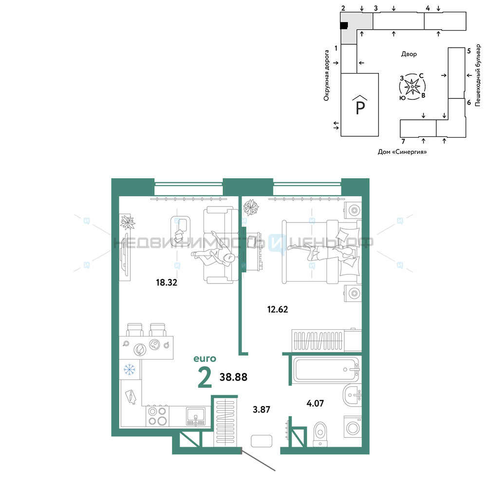 2 комн., 38.88м2, 7/16, Юнион, Тюмень