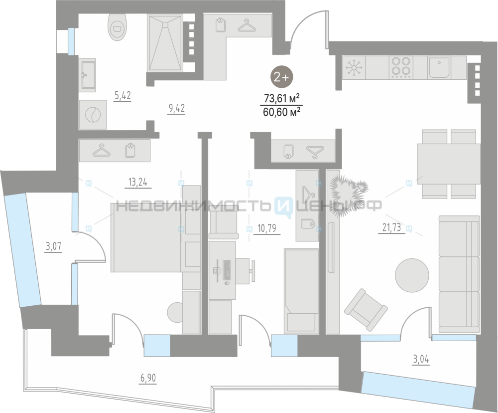 2 комн., 73.61м2, 4/4, Кипрея. Квартиры, Тюмень