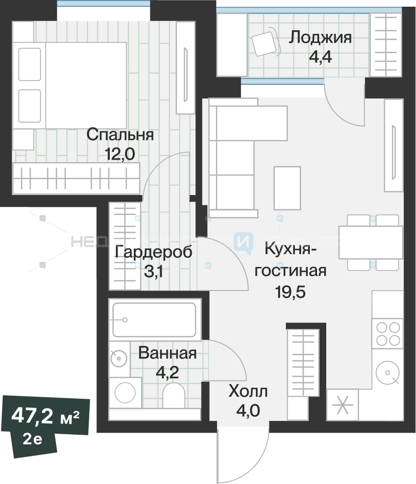 1 комн., 45.03м2, 3/4, Эклипт, Тюмень