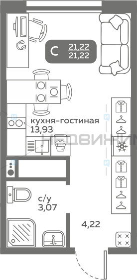 1 комн., 21.22м2, 18/20, Меридиан Слобода, Тюмень