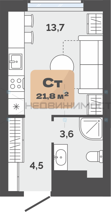 Студия, 21.8м2, 15/23, Баланс, Тюмень