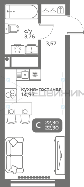 1 комн., 22.3м2, 15/20, Меридиан Слобода, Тюмень