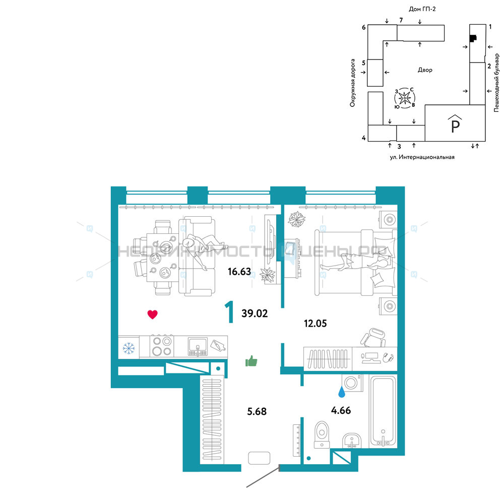 1 комн., 39.02м2, 5/16, Юнион, Тюмень