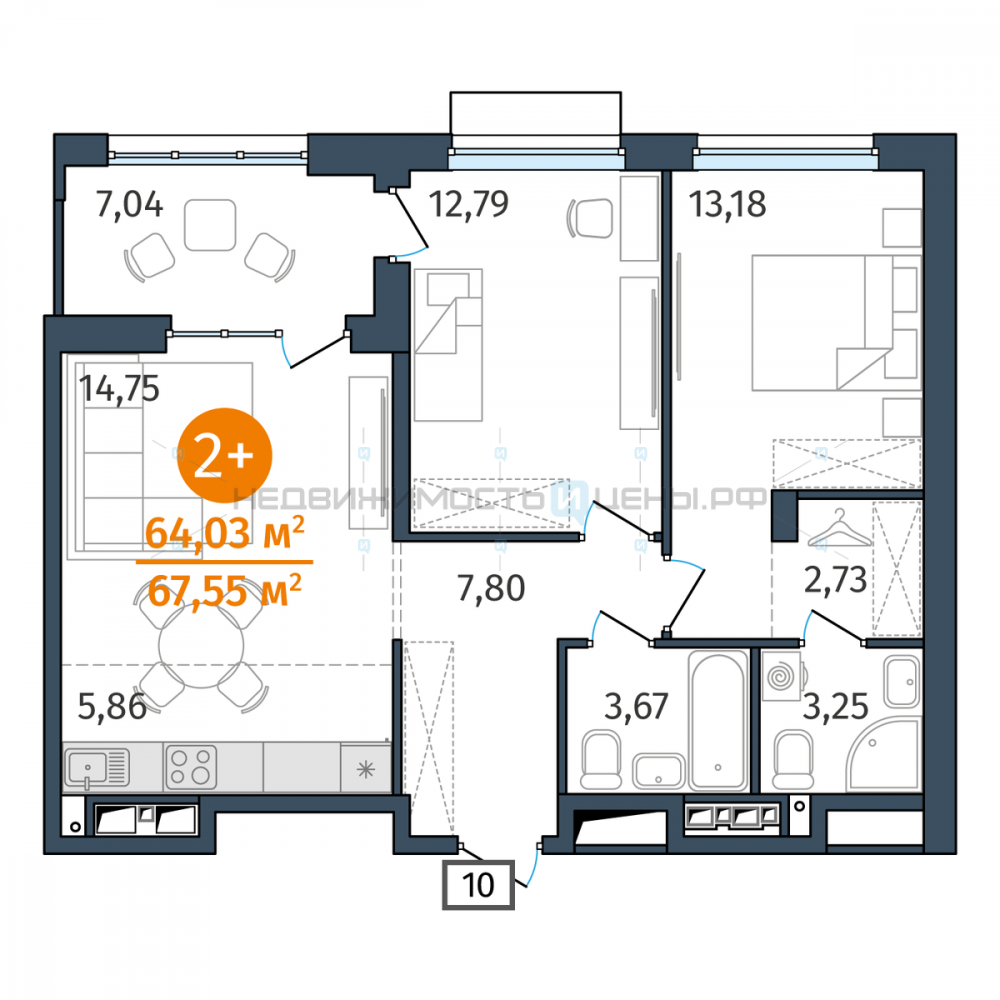 2 комн., 64.03м2, 15/25, Этика, Тюмень