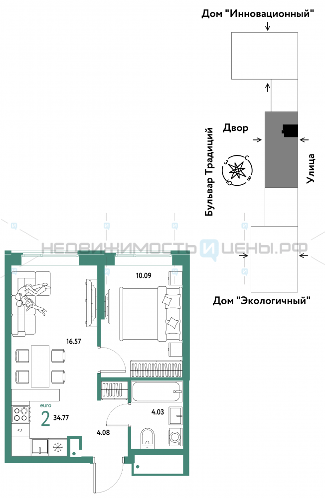 2 комн., 34.77м2, 9/15, Домашний, Тюмень