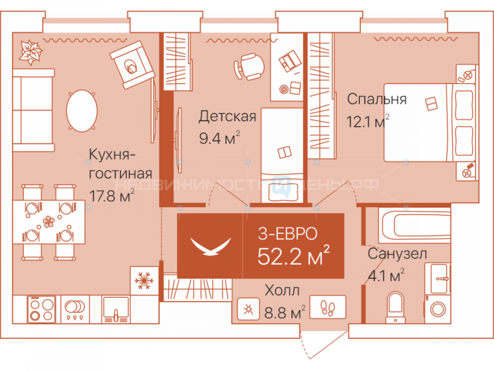 2 комн., 52.2м2, 15/16, Дом на Большой Спасской, Тюмень