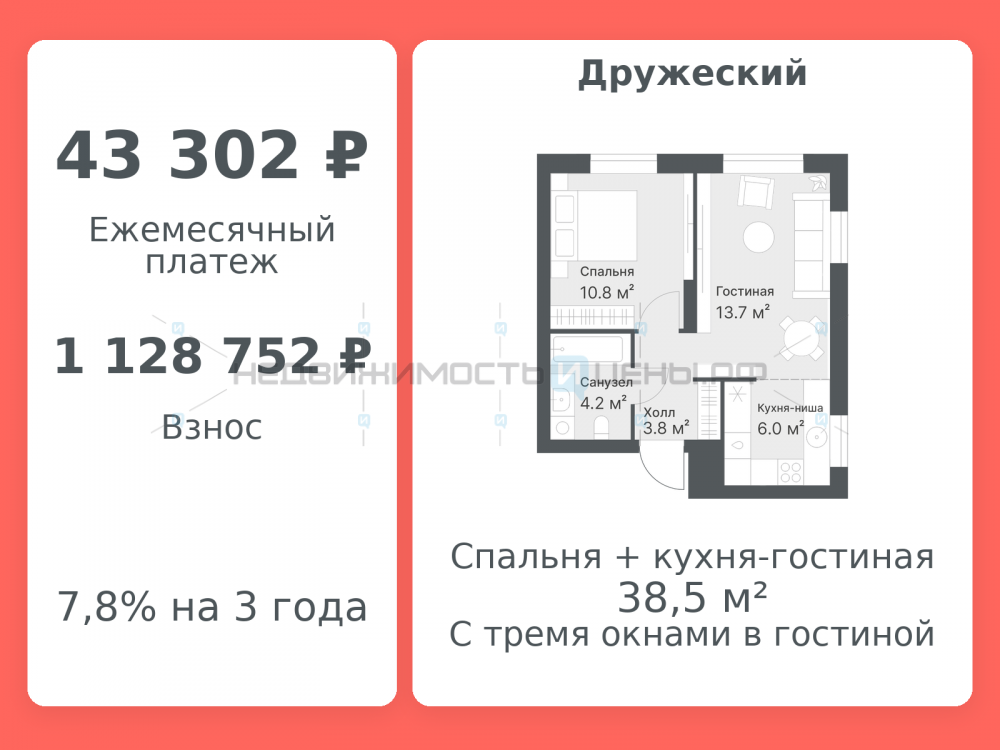 2 комн., 38.5м2, 13/14, Дружеский, Тюмень