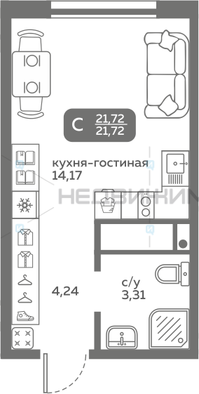 1 комн., 21.72м2, 15/20, Меридиан Слобода, Тюмень