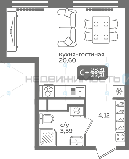 1 комн., 28.31м2, 14/21, Меридиан Слобода, Тюмень