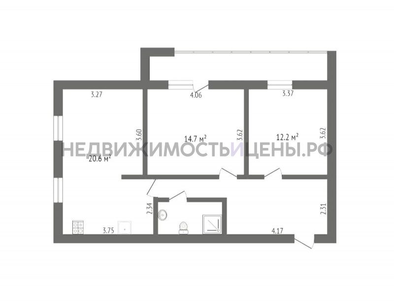 2 комн., 67.4м2, 2/12, Тюмень