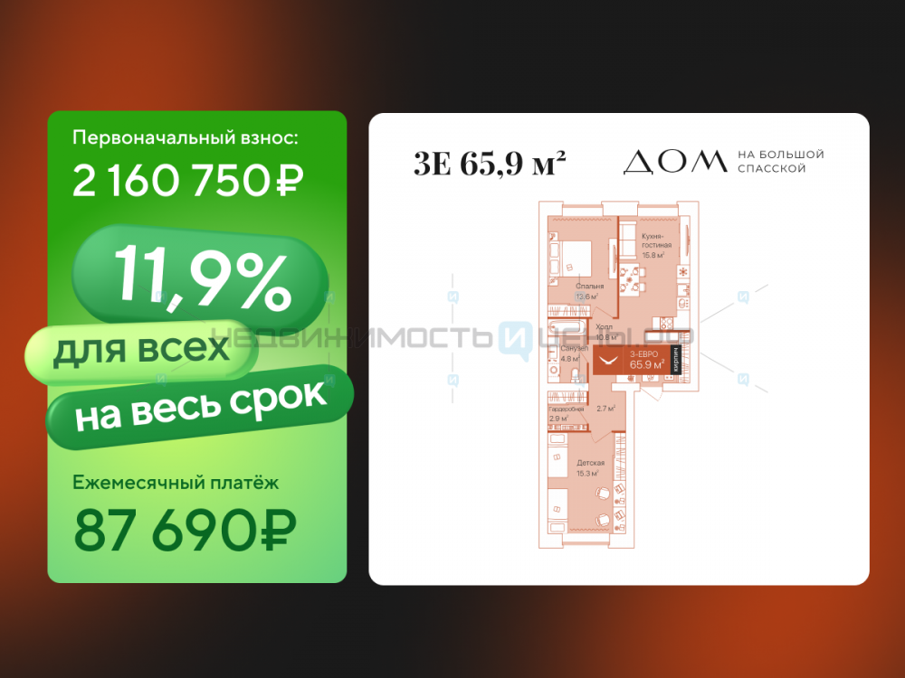 2 комн., 65.9м2, 2/16, Дом на Большой Спасской, Тюмень
