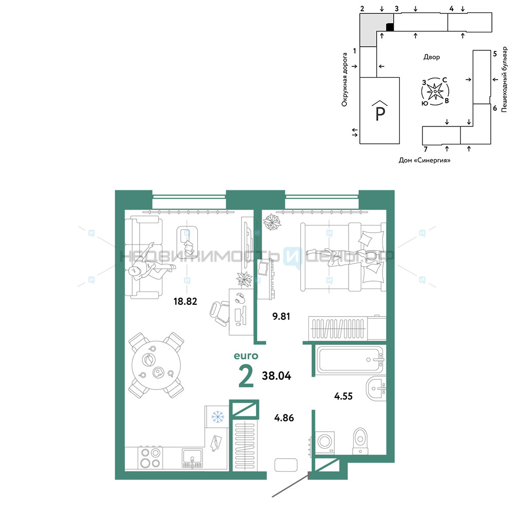 2 комн., 38.04м2, 5/16, Юнион, Тюмень