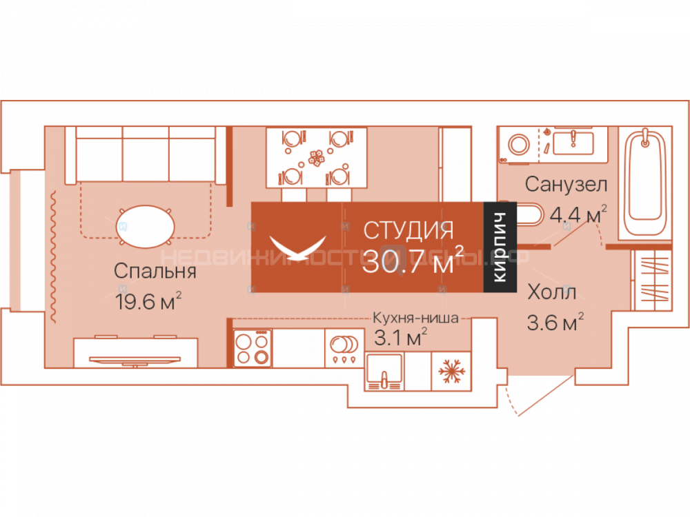 Студия, 30.7м2, 8/16, Дом на Большой Спасской, Тюмень