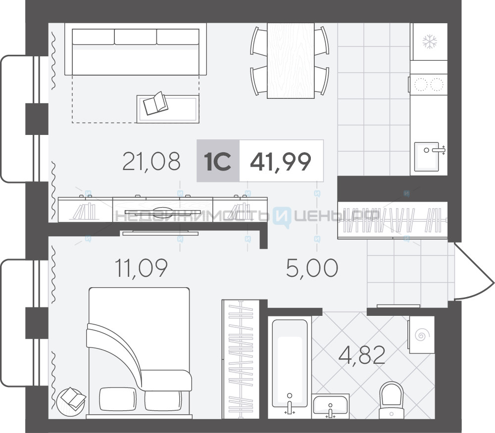 1 комн., 41.99м2, 9/17, Скандиа. Квартал в Комарово Парк, Тюмень