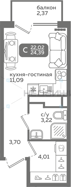 1 комн., 22.02м2, 13/21, Меридиан Слобода, Тюмень
