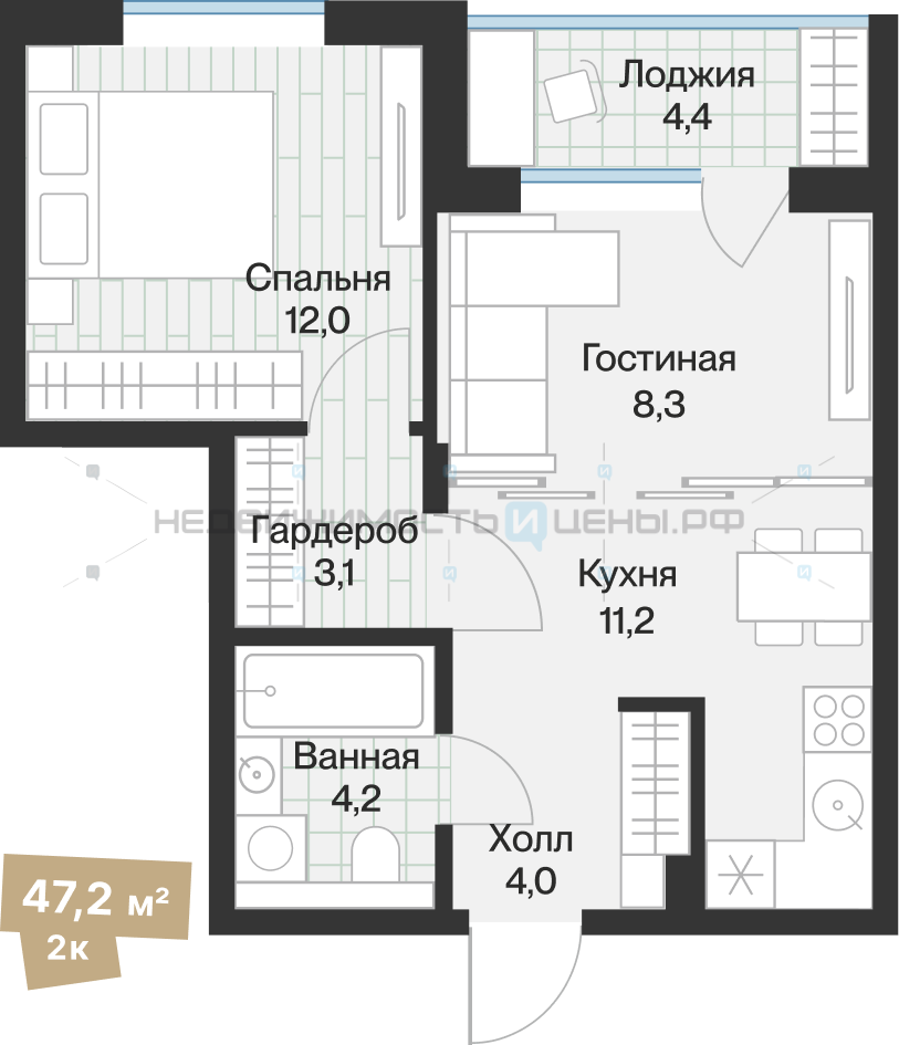 1 комн., 45.03м2, 3/4, Эклипт, Тюмень