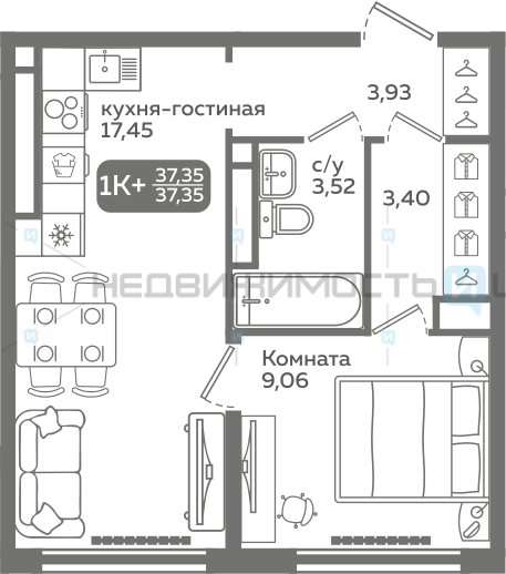 1 комн., 37.35м2, 21/21, Меридиан Слобода, Тюмень