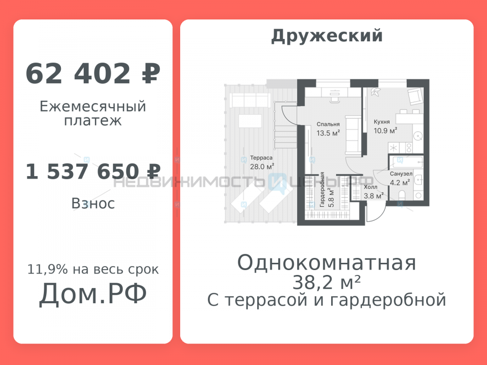 1 комн., 38.2м2, 12/14, Дружеский, Тюмень