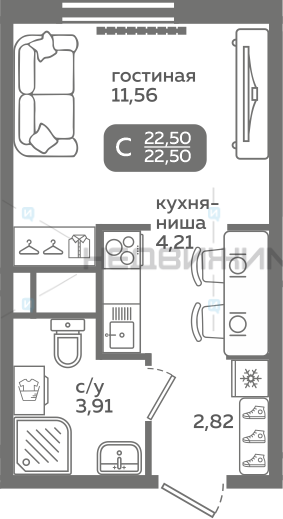 1 комн., 22.5м2, 8/21, Меридиан Слобода, Тюмень