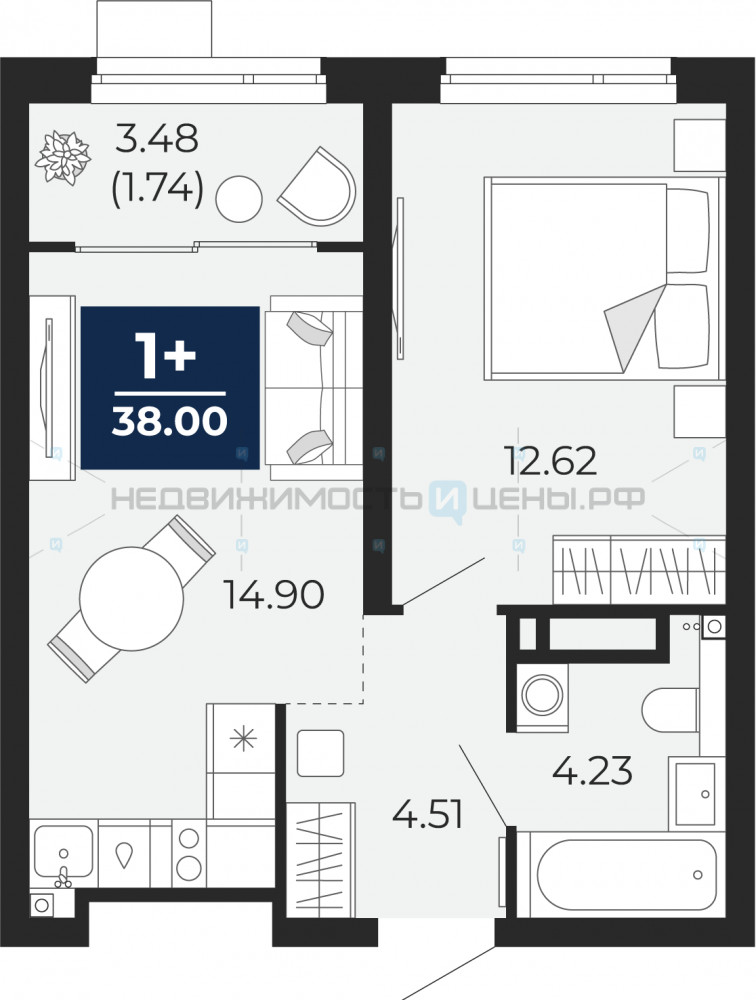 1 комн., 39.74м2, 14/22, Прео, Тюмень
