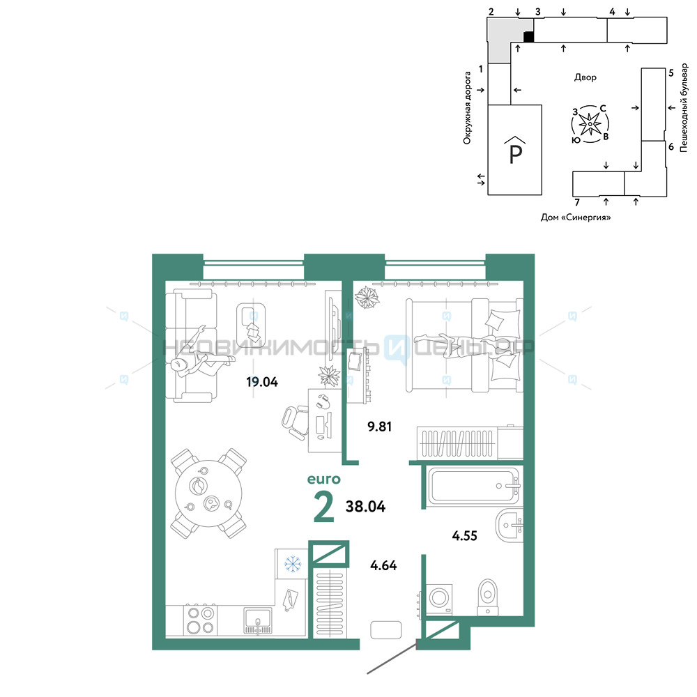 2 комн., 38.04м2, 6/16, Юнион, Тюмень