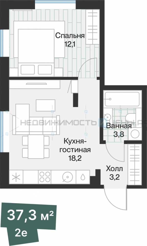 1 комн., 37.34м2, 4/4, Эклипт, Тюмень