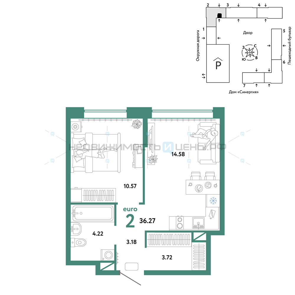 2 комн., 36.27м2, 6/16, Юнион, Тюмень