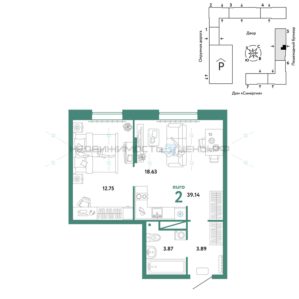 2 комн., 39.14м2, 10/16, Юнион, Тюмень