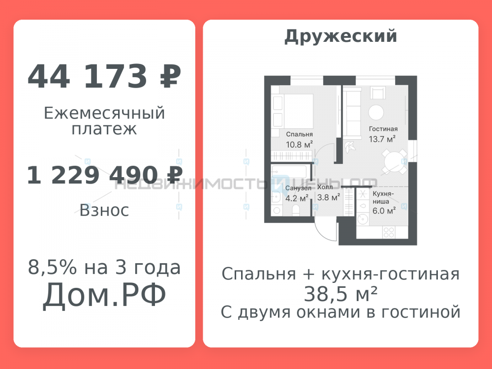2 комн., 38.5м2, 14/14, Дружеский, Тюмень