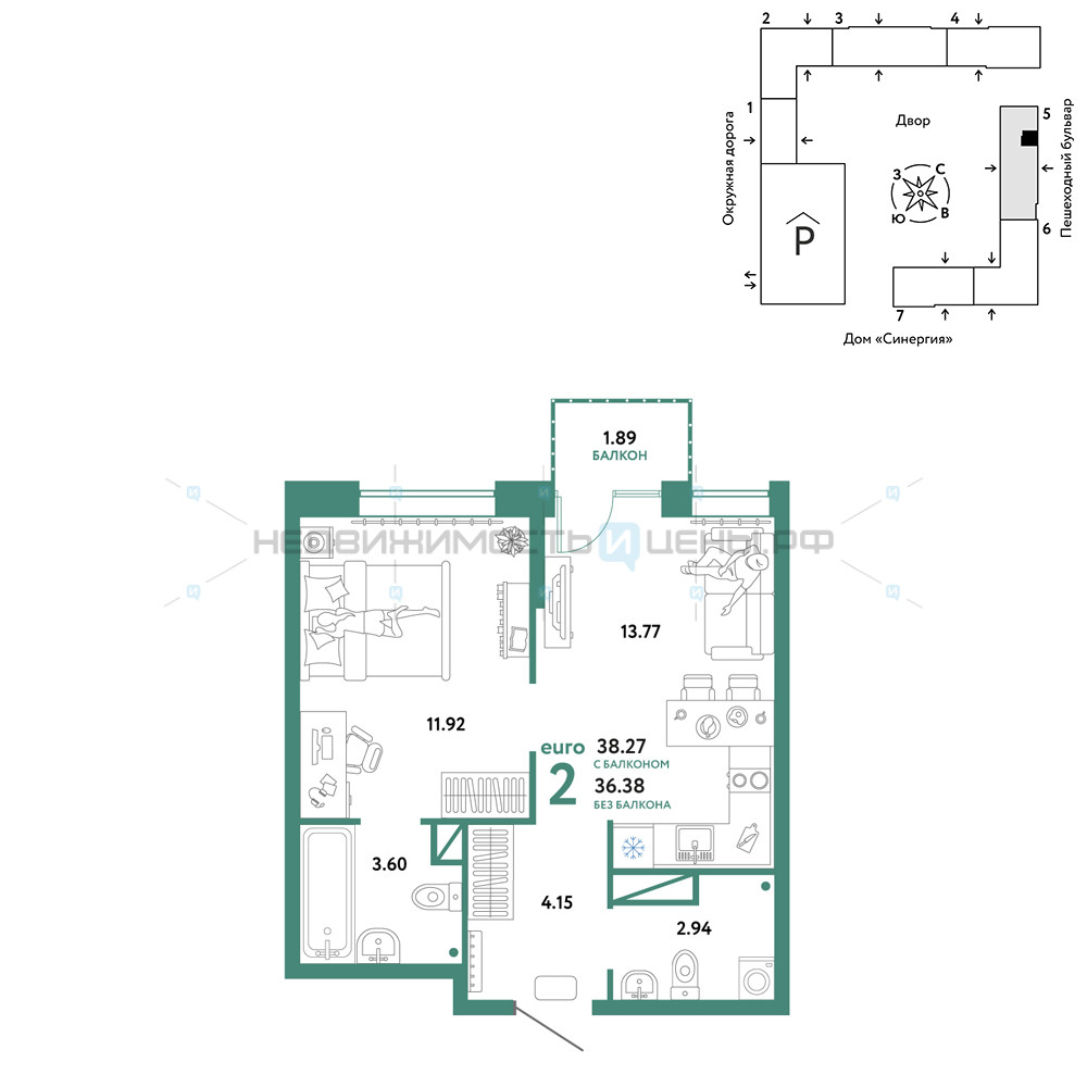 2 комн., 38.27м2, 6/16, Юнион, Тюмень