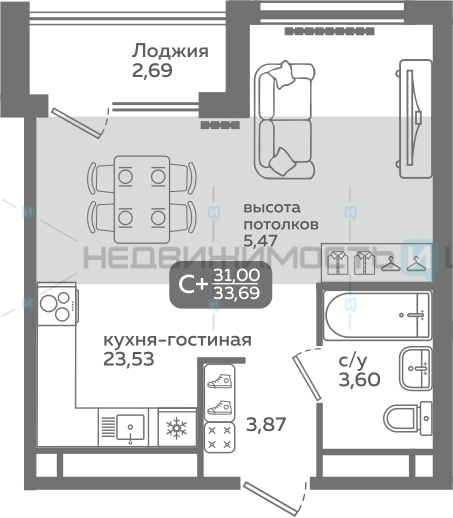 1 комн., 31м2, 21/21, Меридиан Слобода, Тюмень