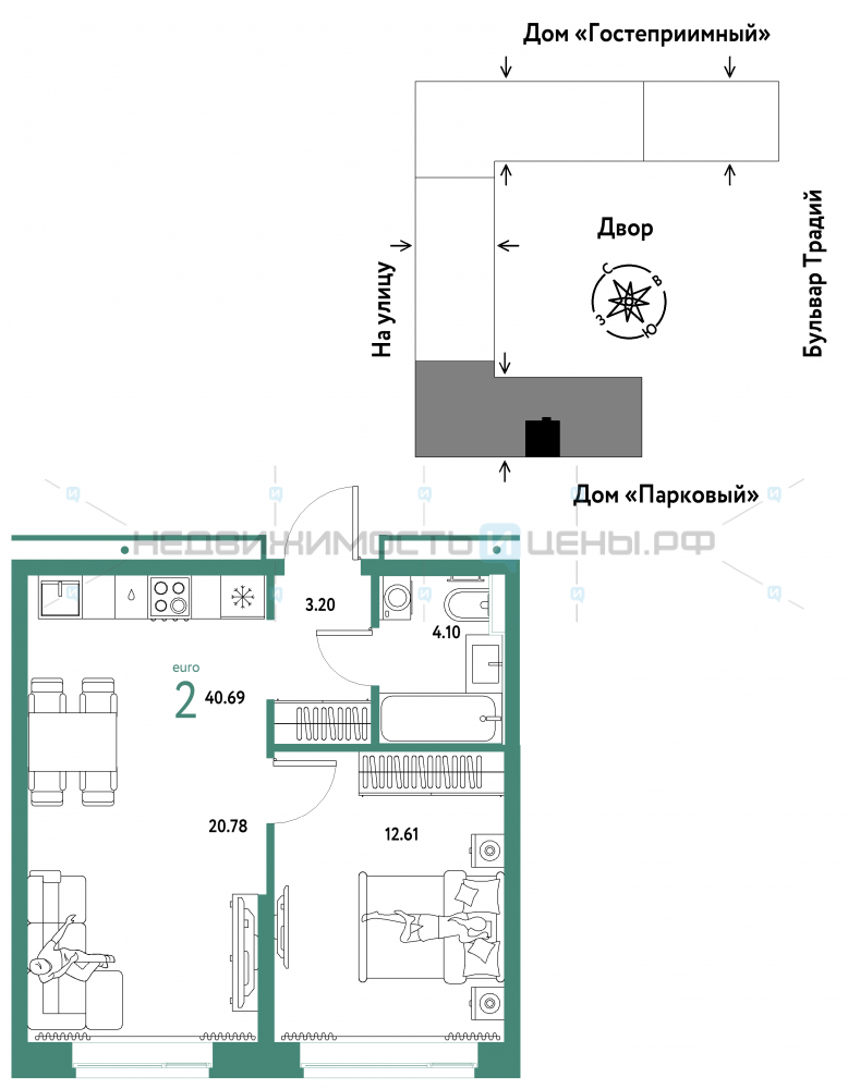 2 комн., 40.69м2, 7/15, Домашний, Тюмень