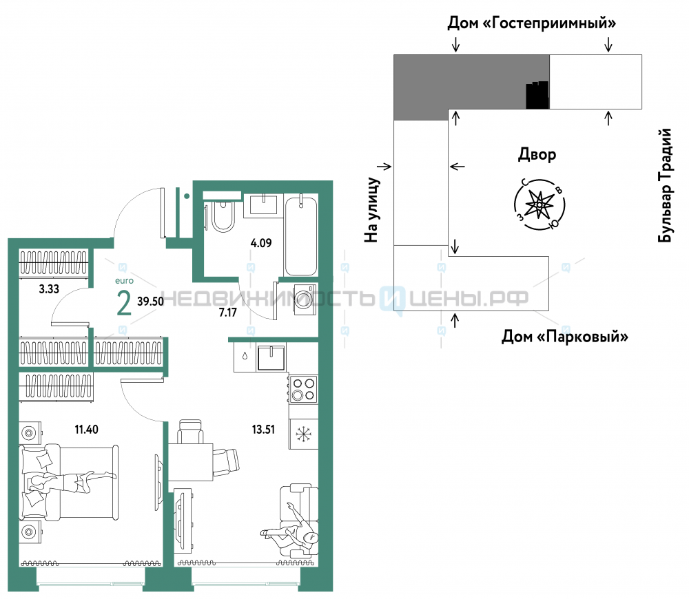 2 комн., 39.5м2, 10/15, Домашний, Тюмень