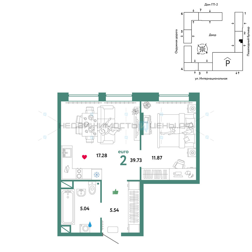 2 комн., 39.73м2, 8/16, Юнион, Тюмень
