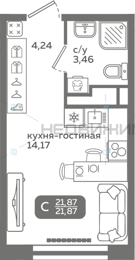 1 комн., 21.87м2, 3/21, Меридиан Слобода, Тюмень