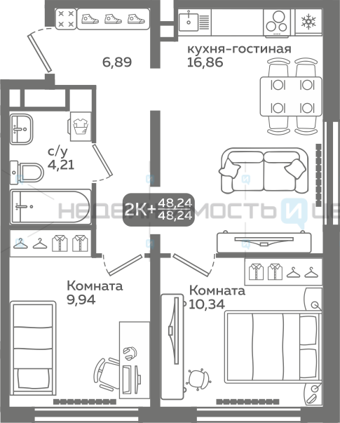 2 комн., 48.24м2, 21/21, Меридиан Слобода, Тюмень