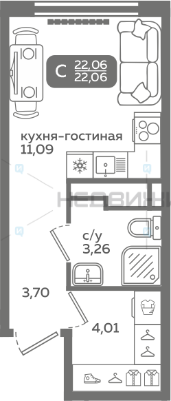 1 комн., 22.06м2, 10/21, Меридиан Слобода, Тюмень
