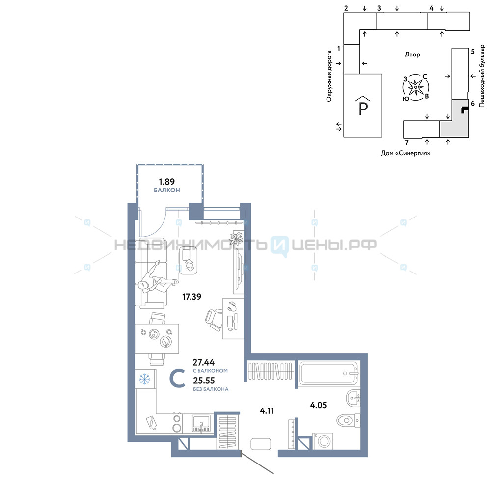 Студия, 27.44м2, 3/16, Юнион, Тюмень