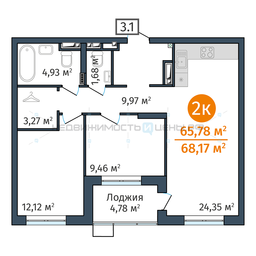 2 комн., 65.78м2, 15/24, Док (DOK), Тюмень