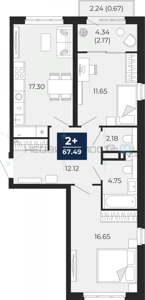 2 комн., 71.23м2, 5/21, Беринг, Тюмень