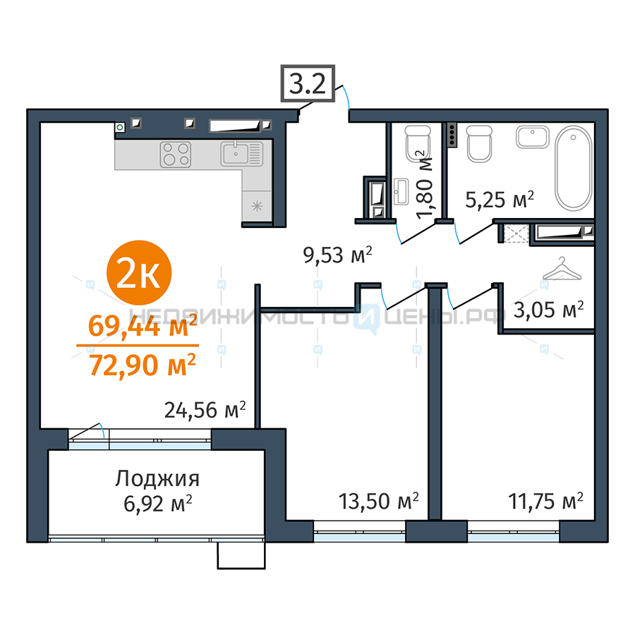 2 комн., 69.44м2, 21/24, Док (DOK), Тюмень