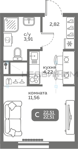 1 комн., 22.51м2, 9/20, Меридиан Слобода, Тюмень