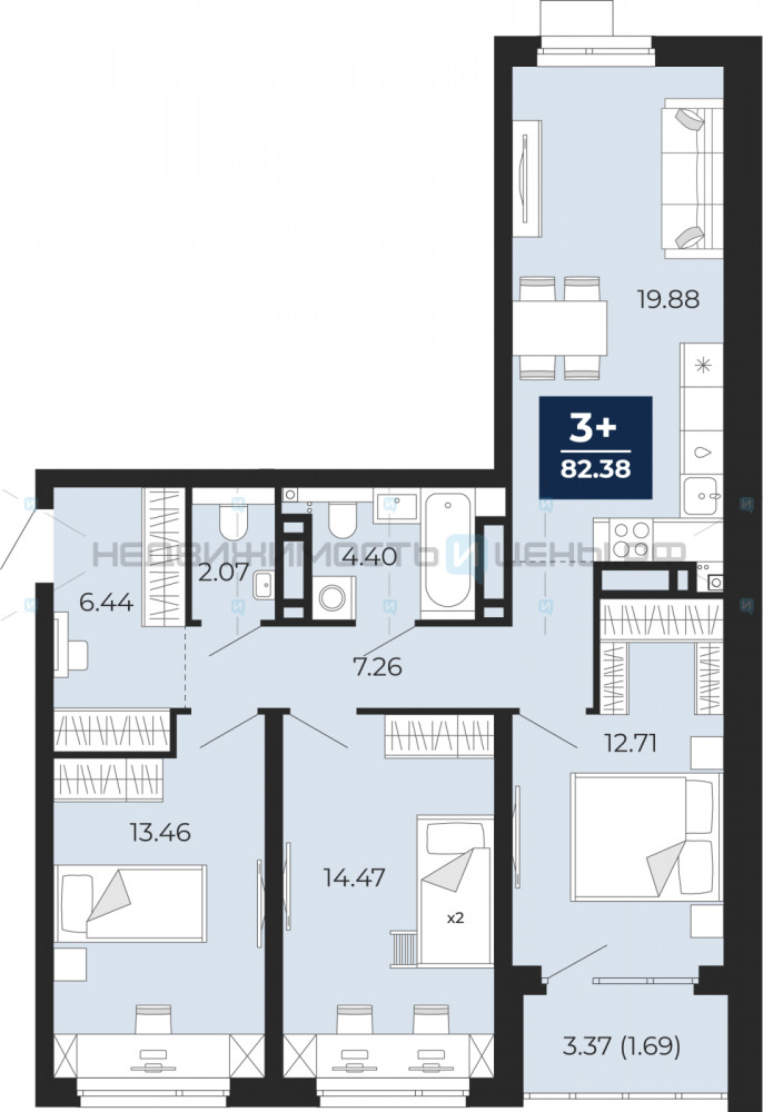 3 комн., 84.06м2, 9/23, Тюмень