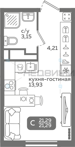 1 комн., 21.29м2, 12/21, Меридиан Слобода, Тюмень