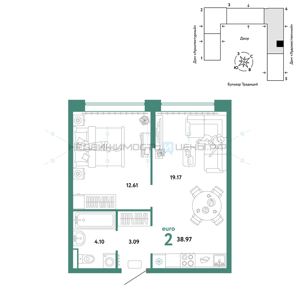2 комн., 38.97м2, 10/15, Домашний, Тюмень